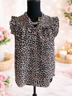 LOFT Black & Pink Leopard Print Ruffle Sleeve Tank